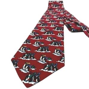 100% Silk Vintage Cute Winter Penguin John Henry Red Traditional Long Neck Tie